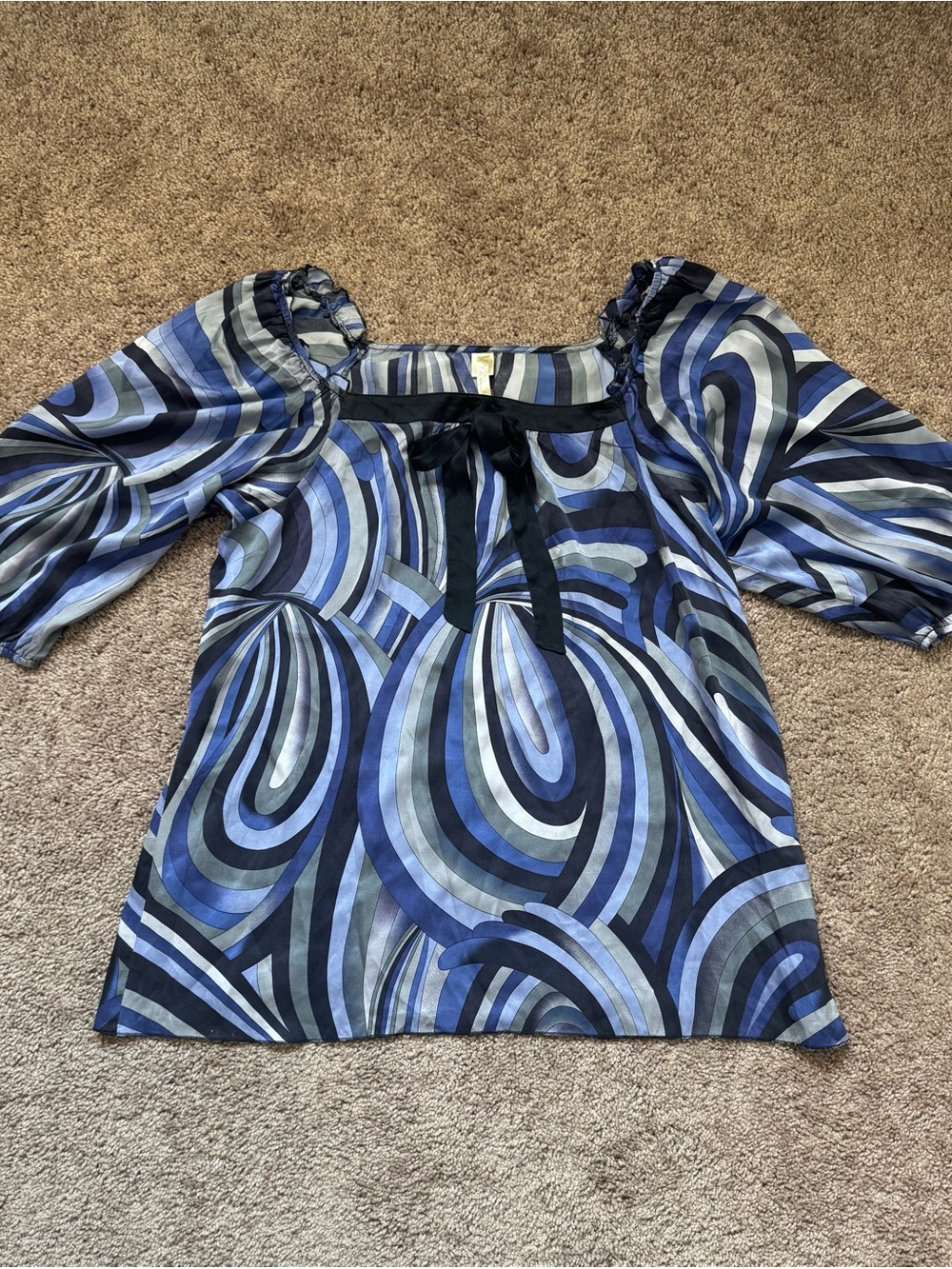 Chenault 100% Silk Navy Swirl Puff Sleeve Off Shoulder Blouse Groovy Costume 70s